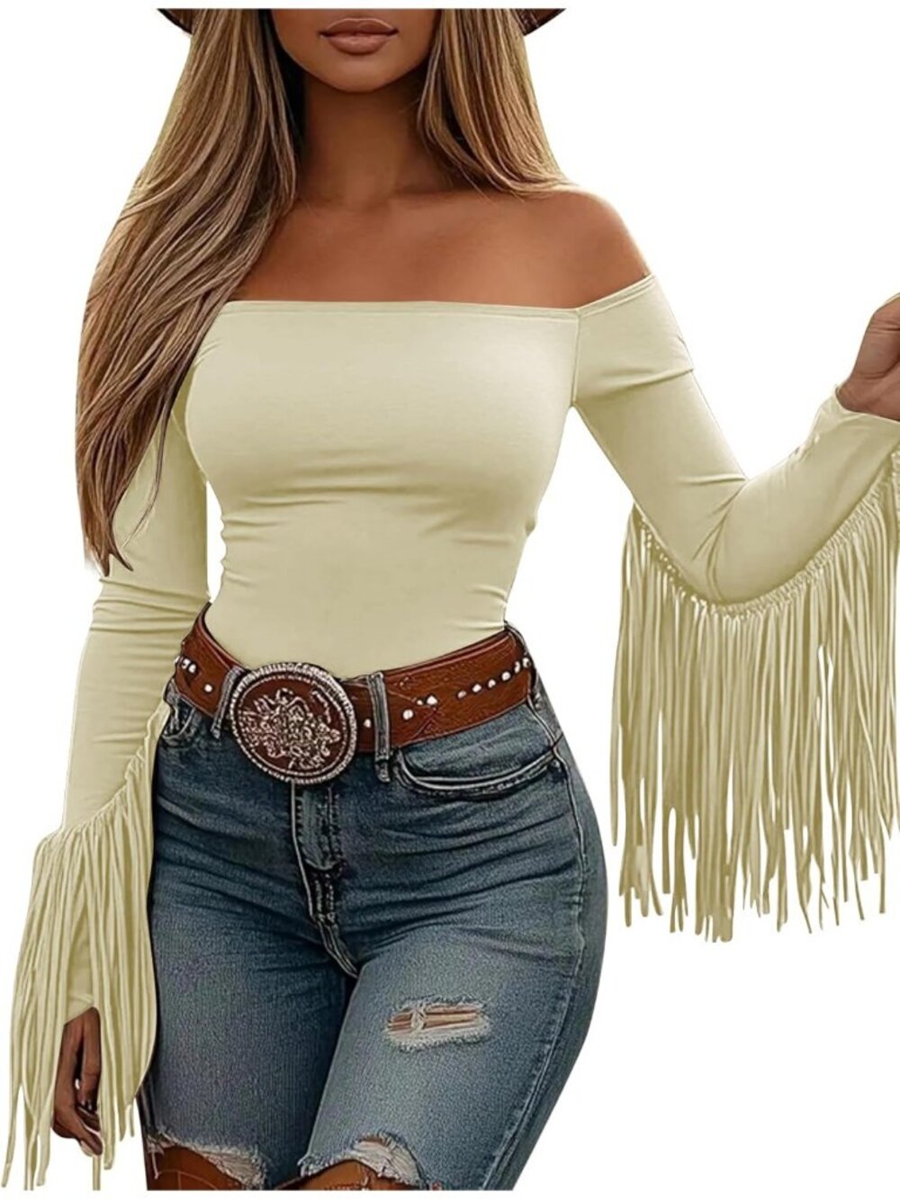 Women's Cream Stretchy Crop Off Shoulder Concert Cowgirl Fringe Tassel Blouses